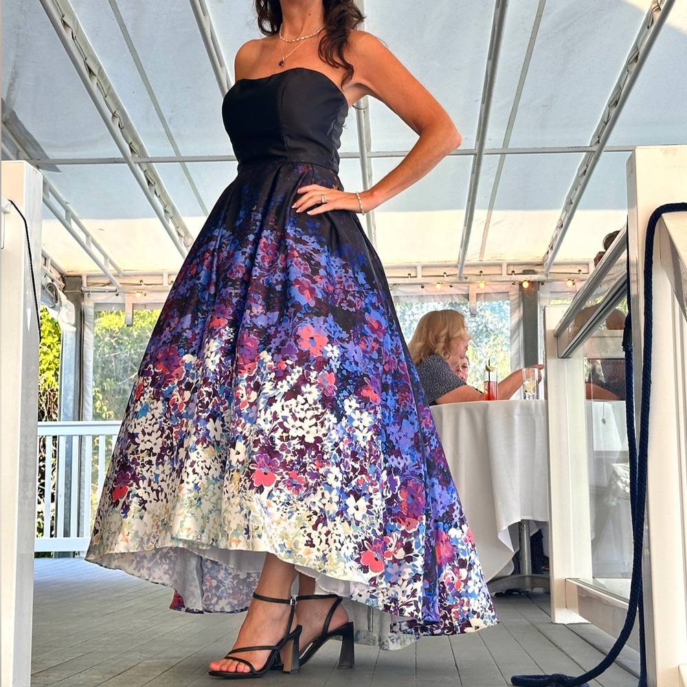 Betsy & Adam Strapless Black and Purple Floral Dress